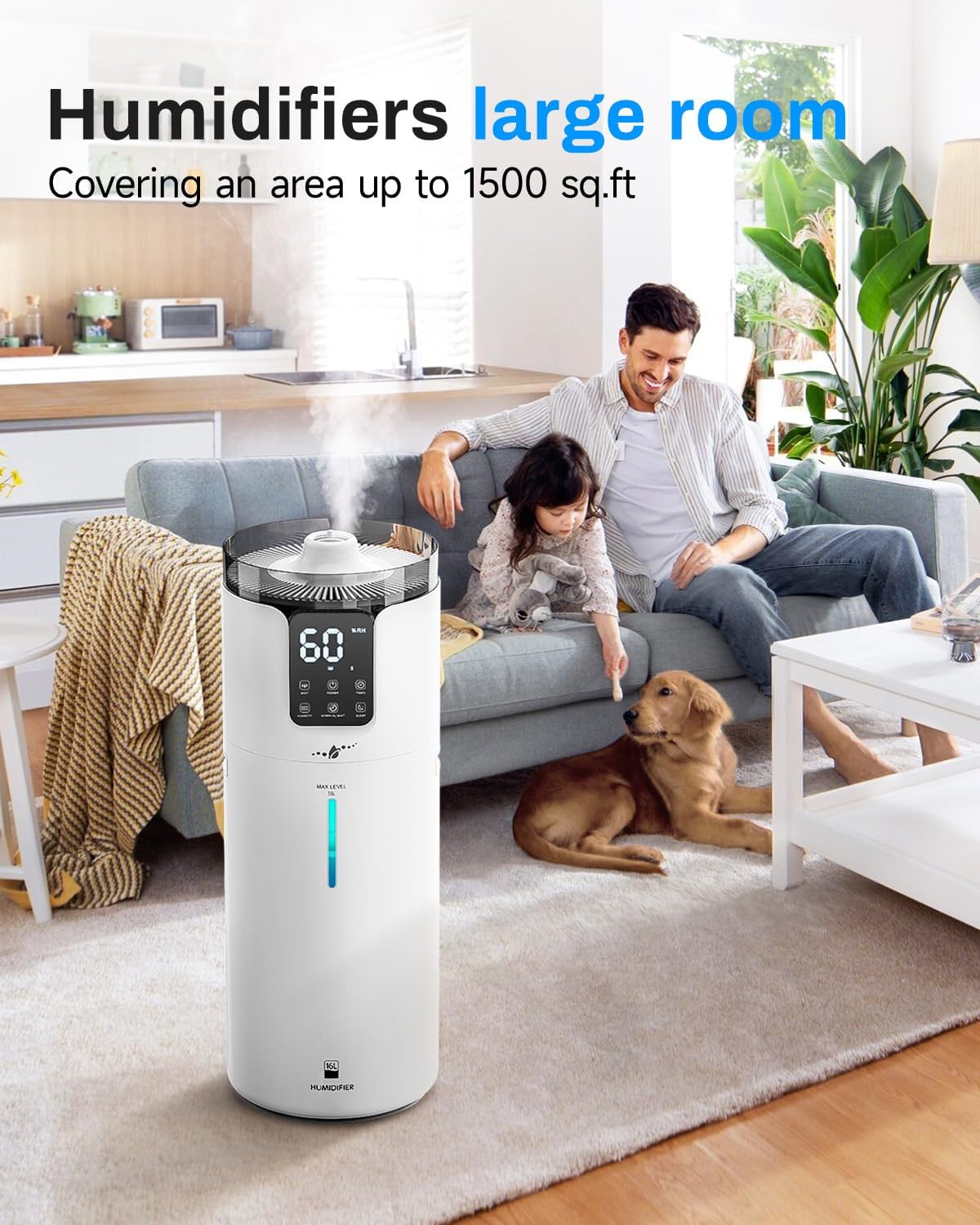 Humidifier Large Room, 4.2 Gal/16L Large Humidifier for 1500 sq.ft, 360° Nozzles Cool Mist Ultrasonic, Top Fill Tower Humidifiers for Bedroom Office Plant wholehouse with Extension Tube, Night Light