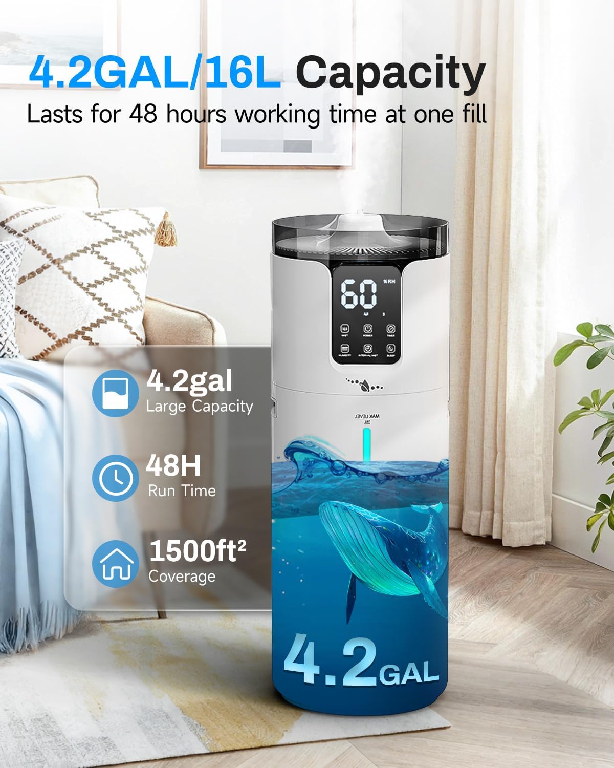 Humidifier Large Room, 4.2 Gal/16L Large Humidifier for 1500 sq.ft, 360° Nozzles Cool Mist Ultrasonic, Top Fill Tower Humidifiers for Bedroom Office Plant wholehouse with Extension Tube, Night Light